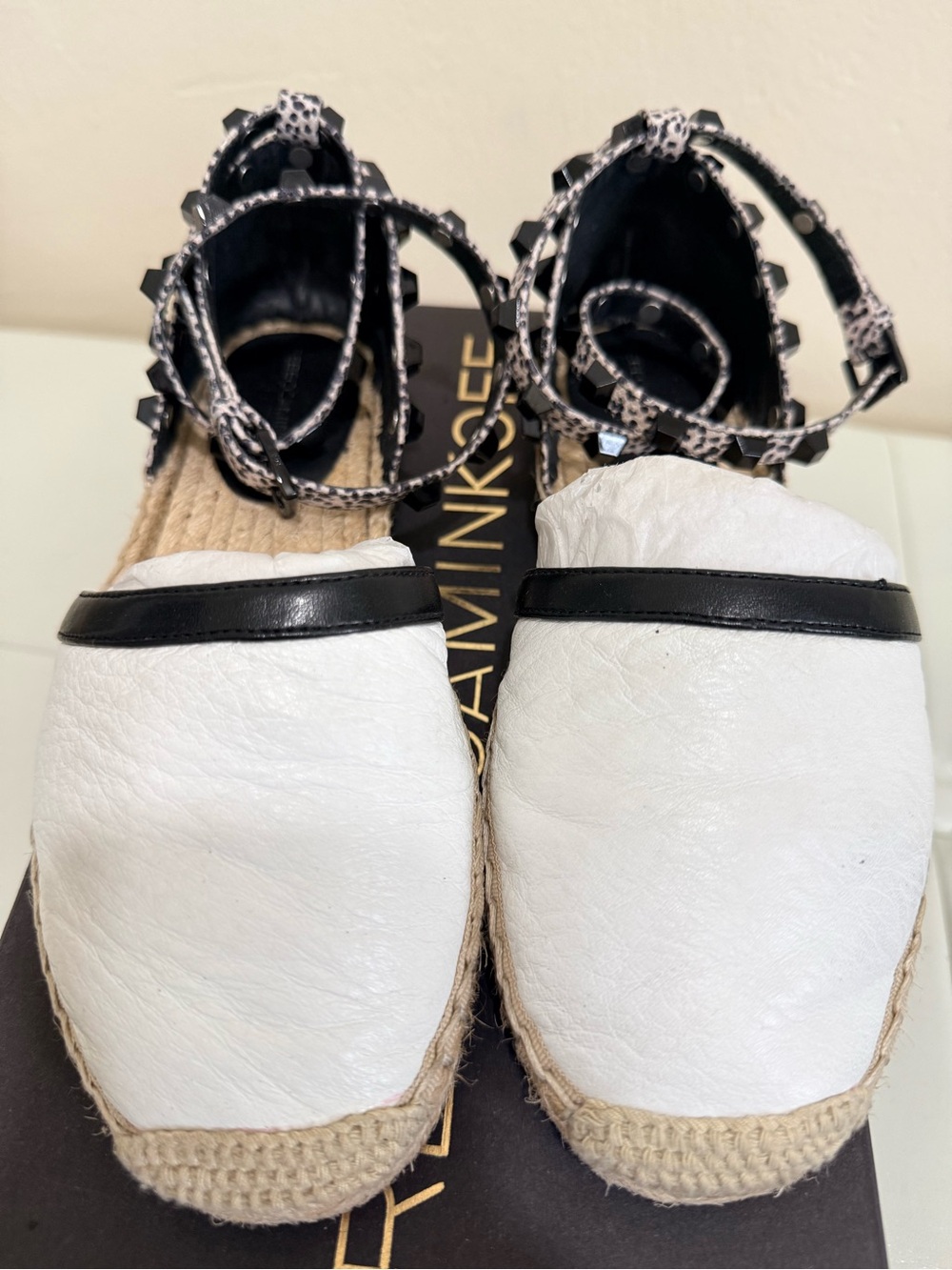 Rebecca Minkoff White Espadrille Flats with Black Trim and Studded Ankle Straps